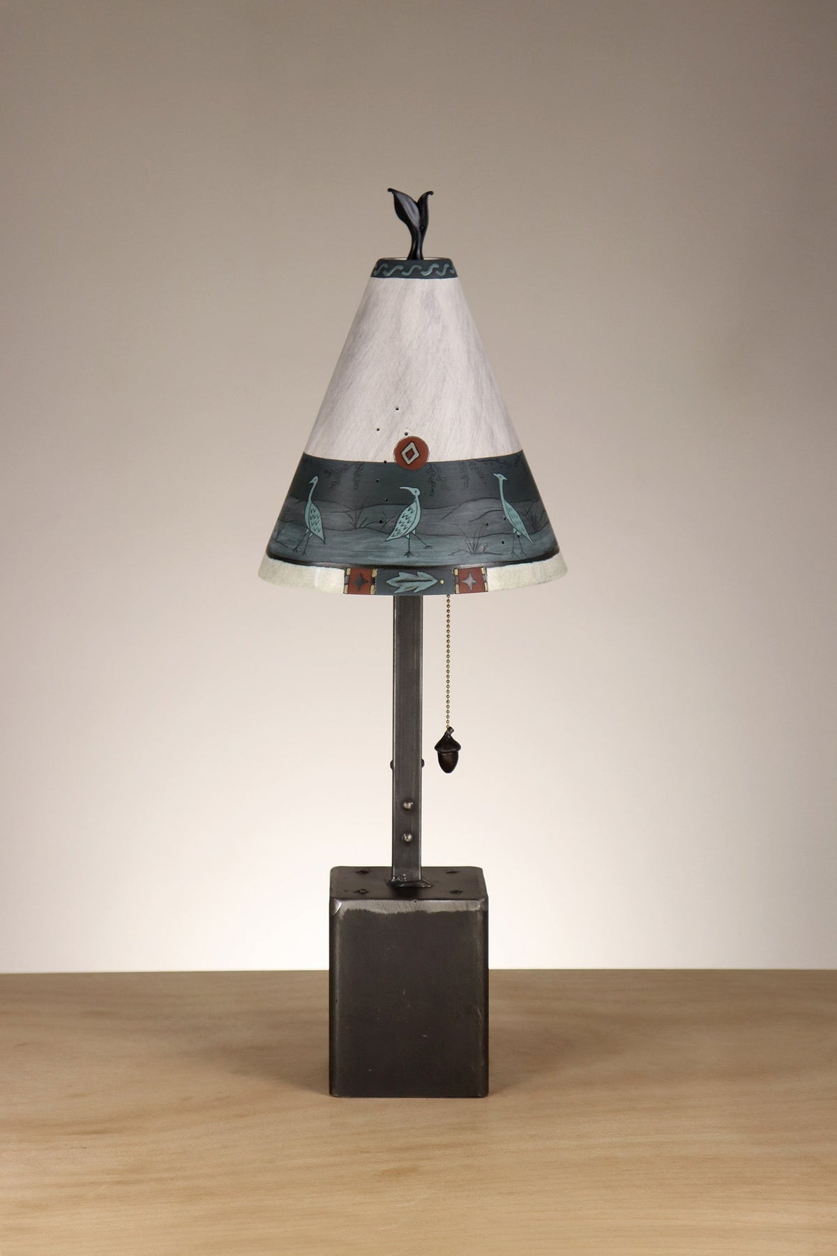 Janna Ugone &amp; Co Table Lamp Steel Table Lamp with Small Conical Ceramic Shade in Heron Border in Ash