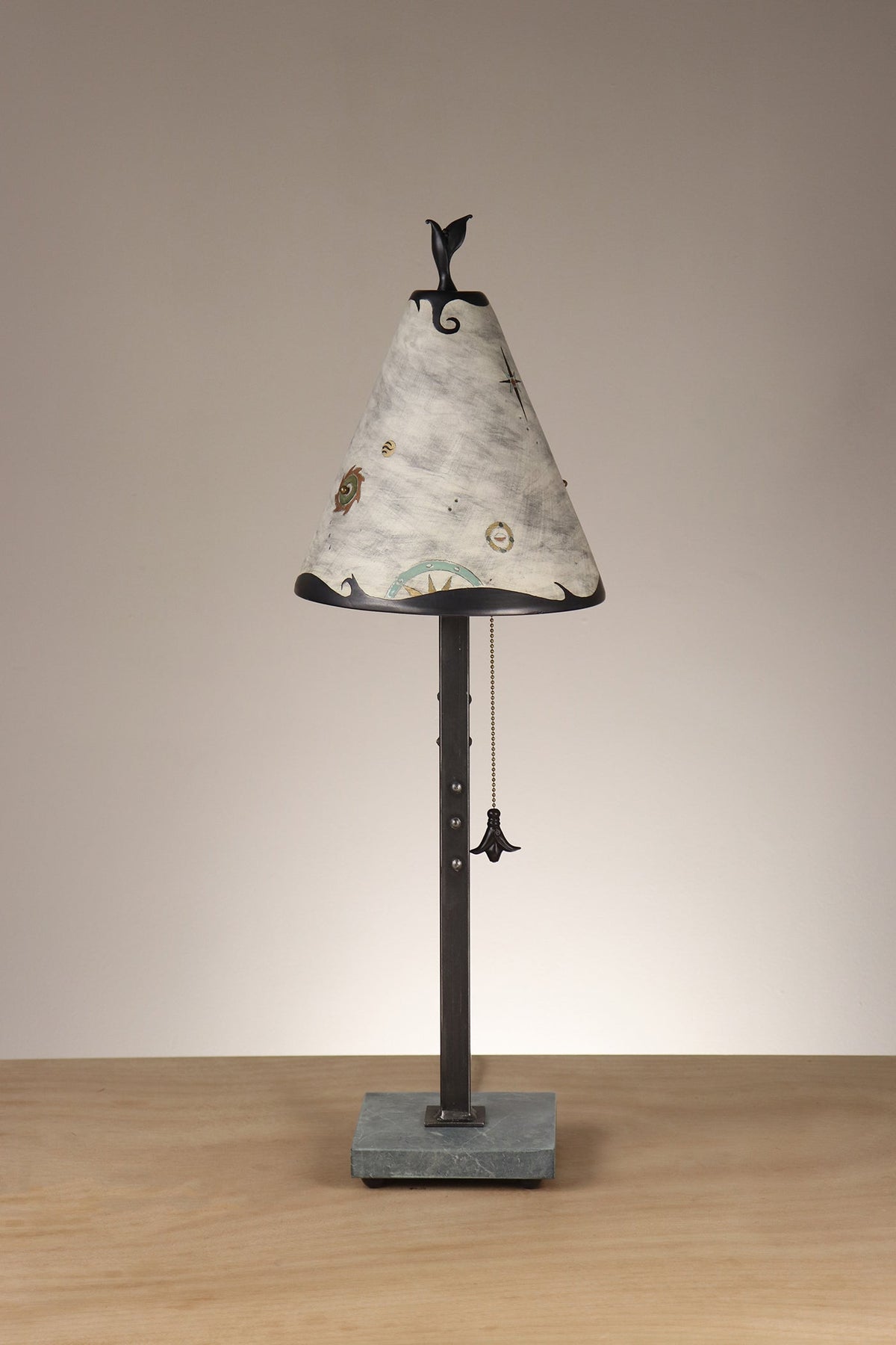 Janna Ugone &amp; Co Table Lamp Steel Table Lamp with Small Conical Ceramic Shade in Medallion in Ash