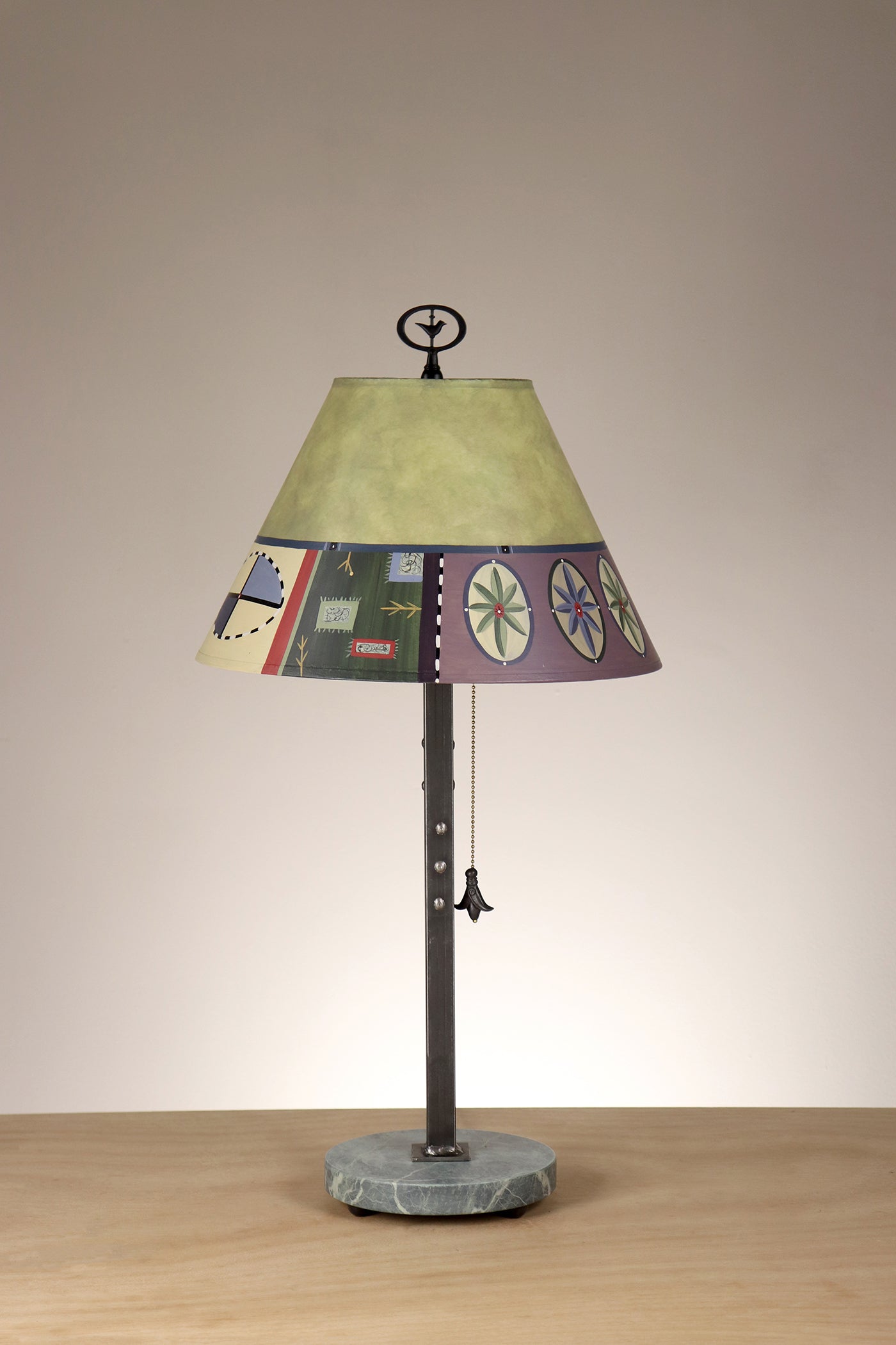 Janna Ugone & Co Table Lamp Steel Table Lamp with Small Conical Shade in Barcelona Border in Dusty Lime