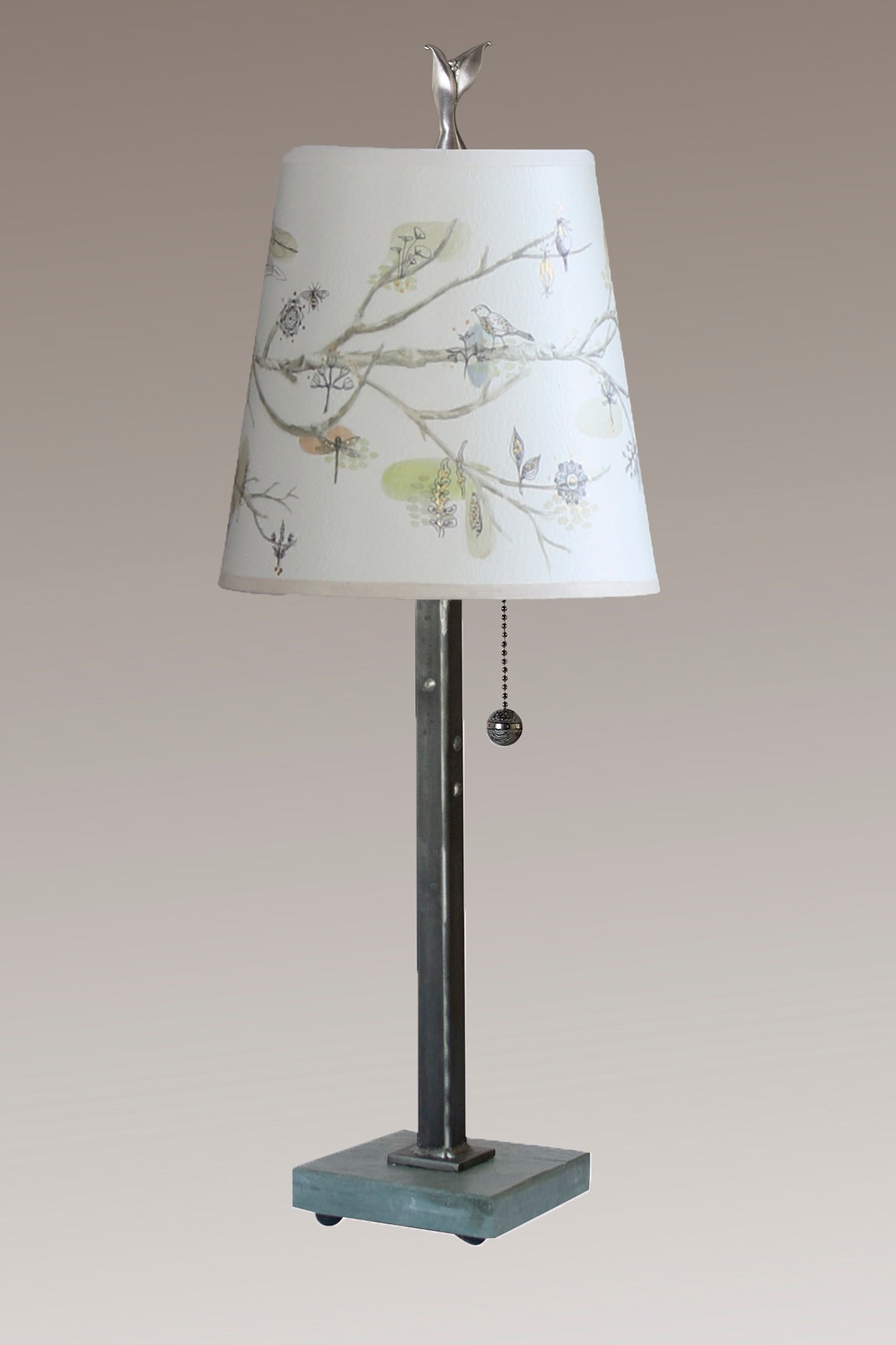 Steel Table Lamp with Small Drum Shade in Artful Branch