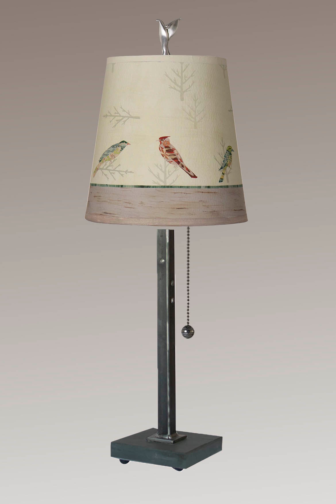 Steel Table Lamp with Small Drum Shade in Bird Friends
