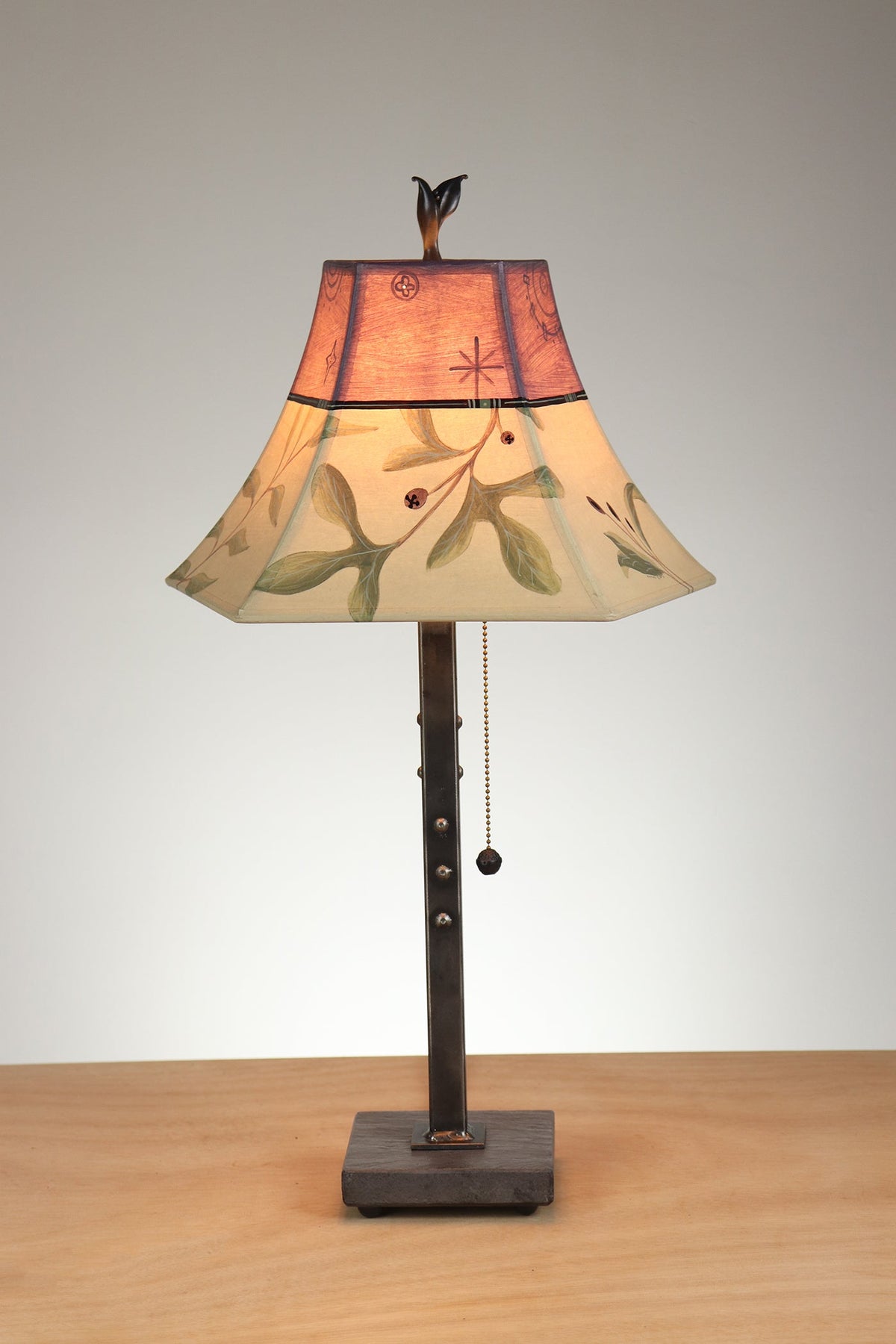 Janna Ugone &amp; Co Table Lamp Steel Table Lamp with Small Pagoda Shade in Mixed Leaves in Buff &amp; Grape