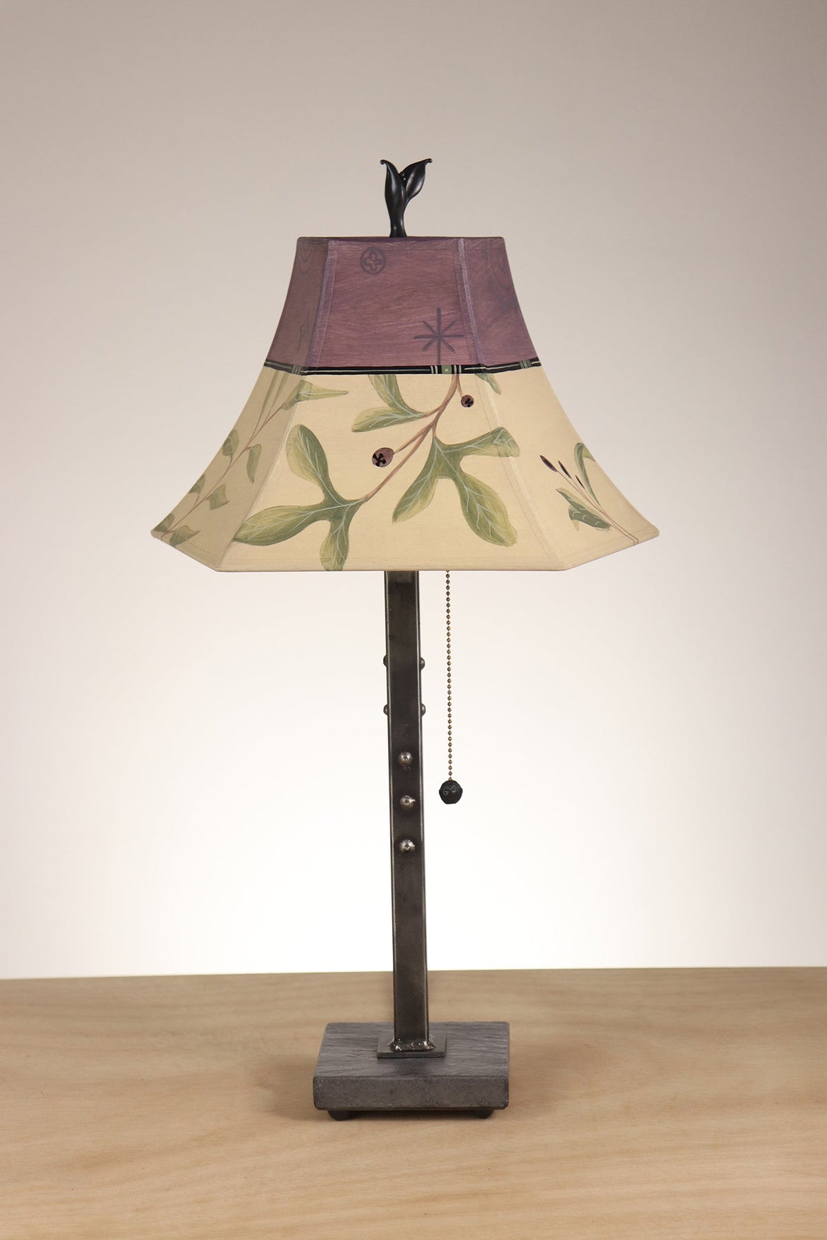 Janna Ugone &amp; Co Table Lamp Steel Table Lamp with Small Pagoda Shade in Mixed Leaves in Buff &amp; Grape