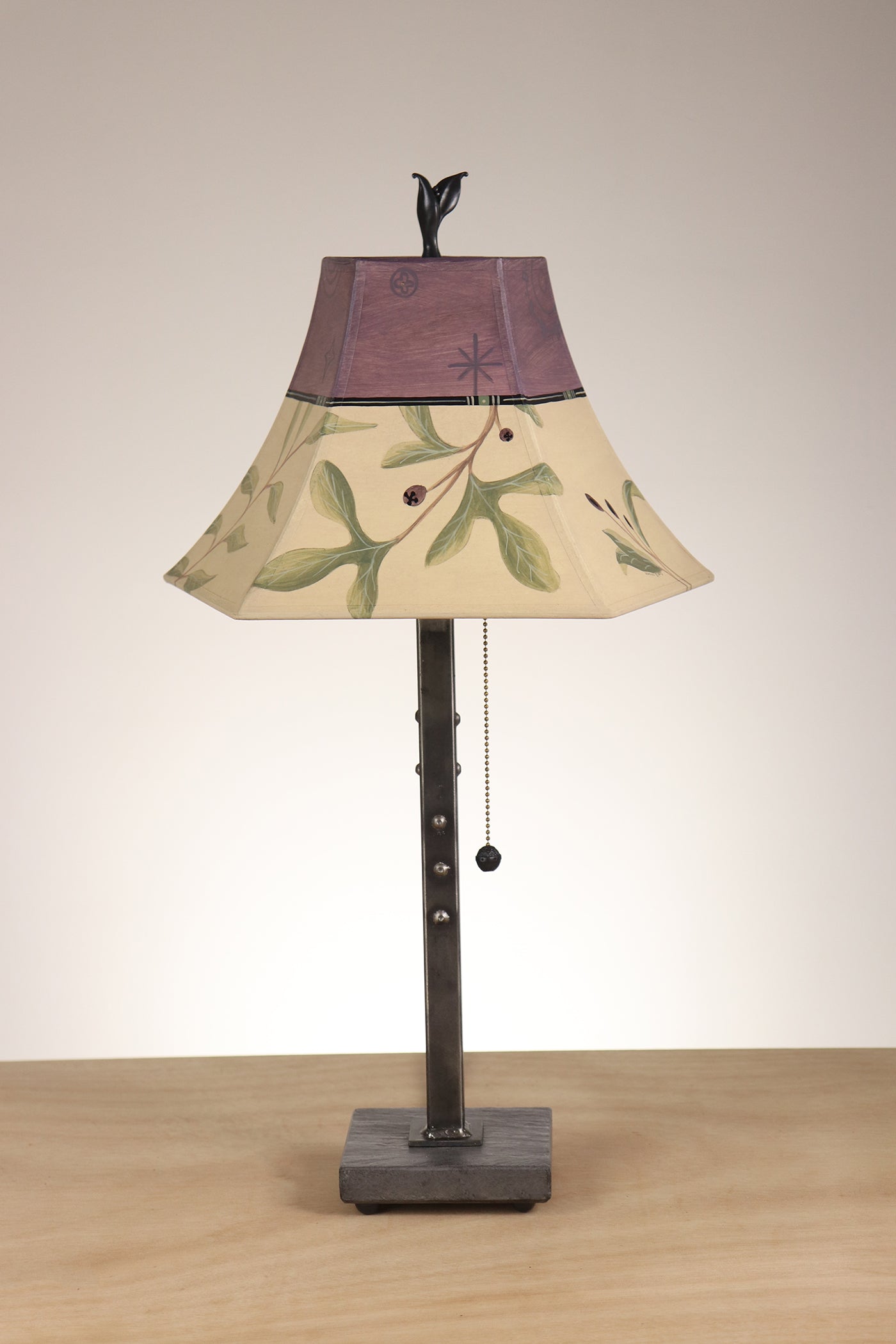 Janna Ugone & Co Table Lamp Steel Table Lamp with Small Pagoda Shade in Mixed Leaves in Buff & Grape