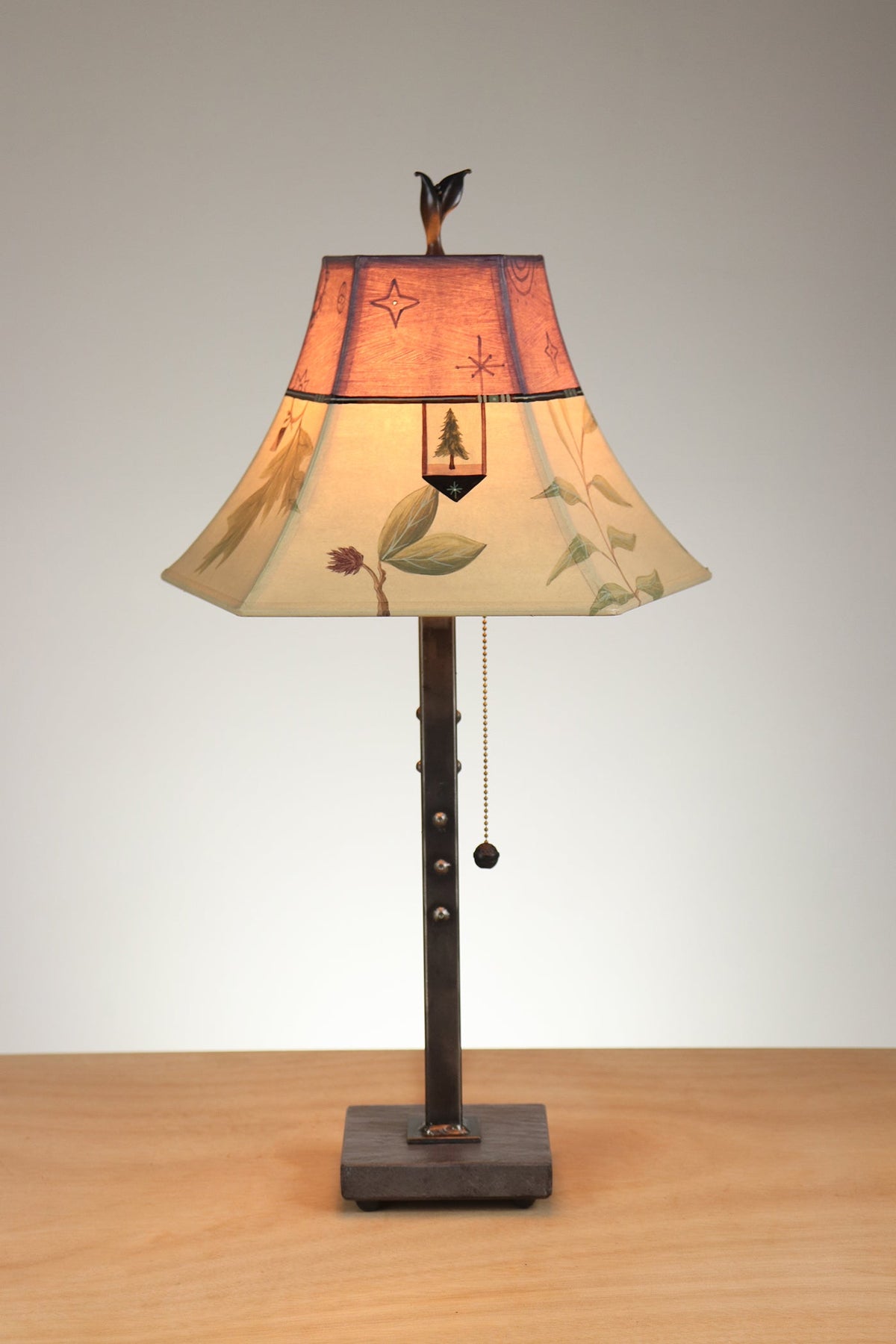 Janna Ugone &amp; Co Table Lamp Steel Table Lamp with Small Pagoda Shade in Mixed Leaves in Buff &amp; Grape