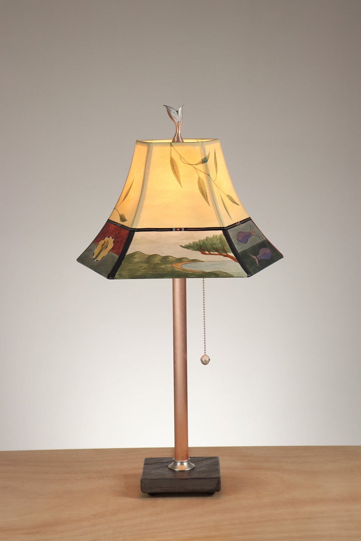 Janna Ugone &amp; Co Table Lamp Steel Table Lamp with Small Pagoda Shade in Mixed Leaves in Buff &amp; Grape