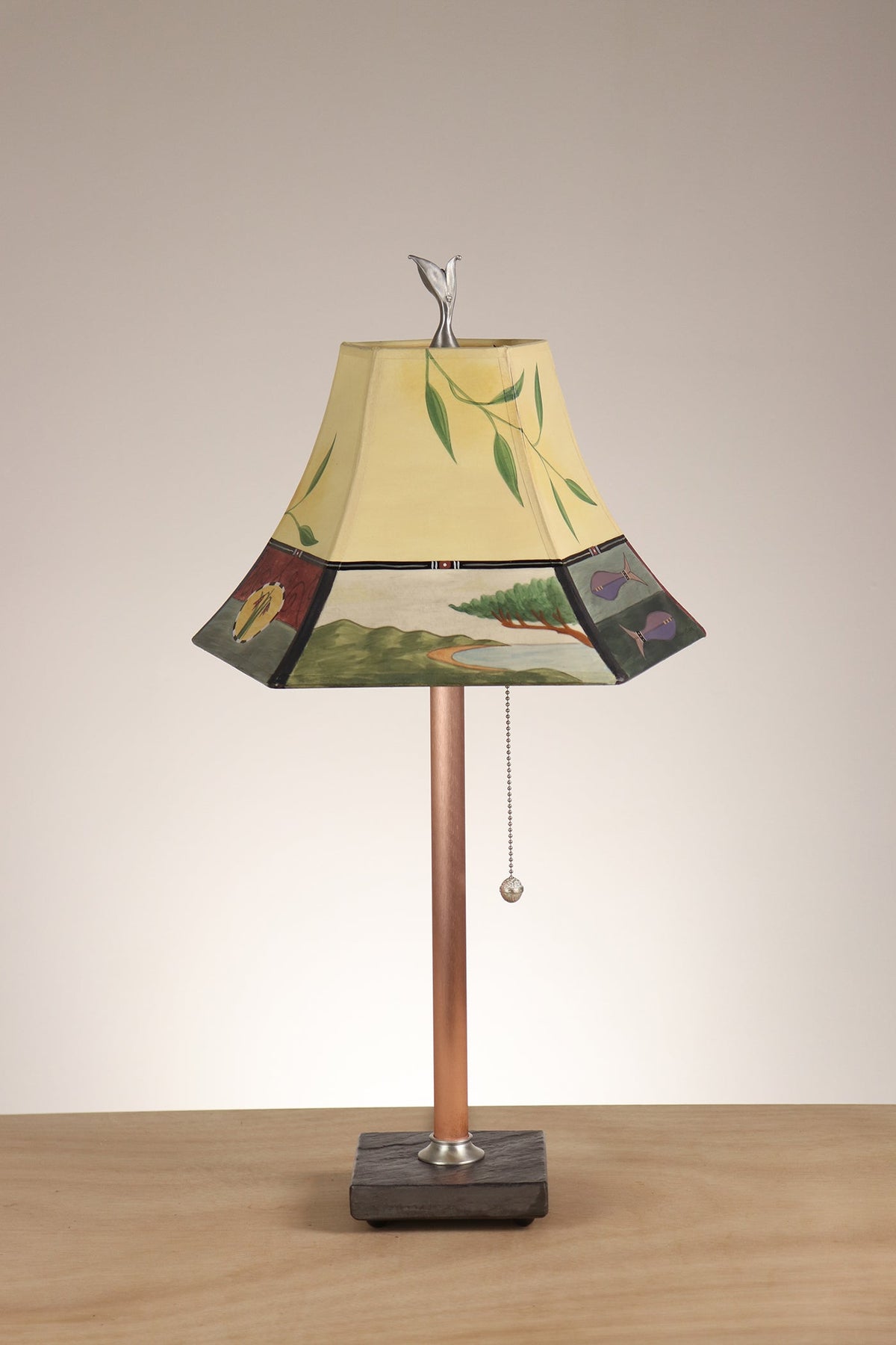 Janna Ugone &amp; Co Table Lamp Steel Table Lamp with Small Pagoda Shade in Mixed Leaves in Buff &amp; Grape